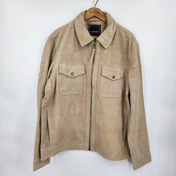 New BlankNYC Win or Lose Suede Trucker Jacket Mens M Tan Leather Zip Front - Picture 3 of 11